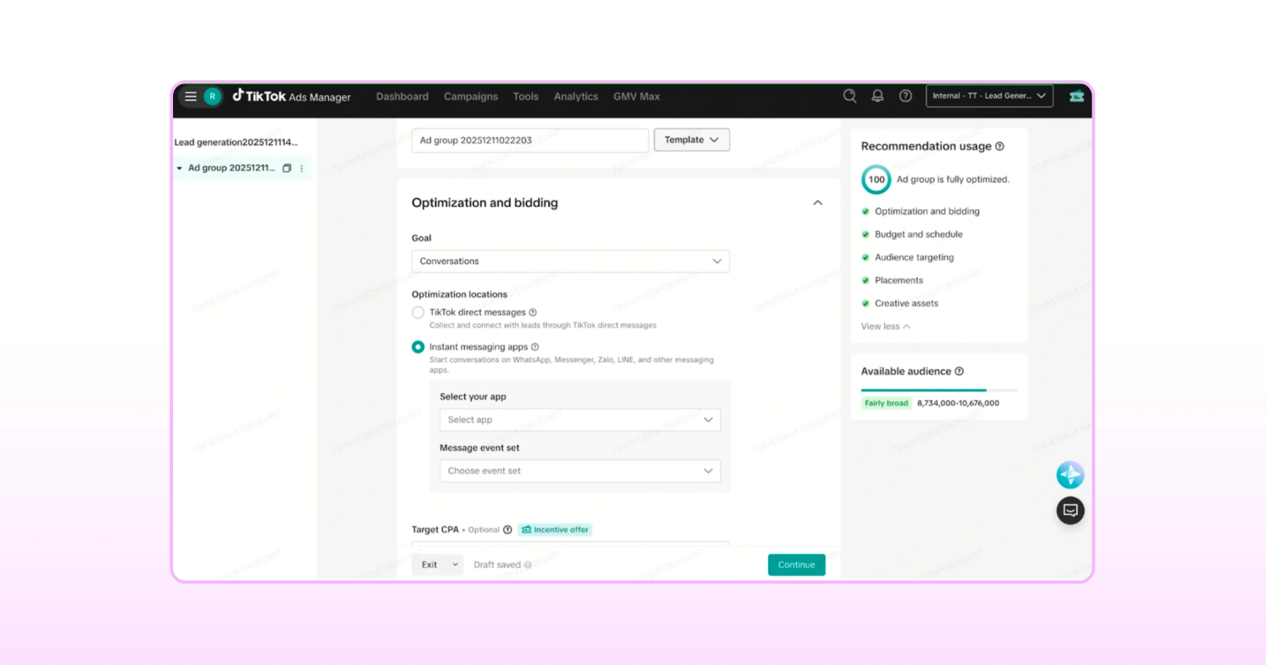 Selecting instant messaging ads as the destination