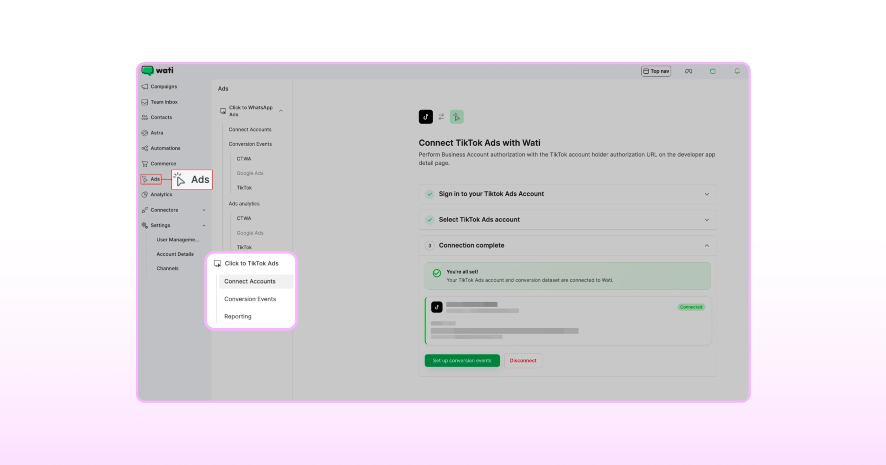 From Ads, see options for Connect Accounts and Conversion Events