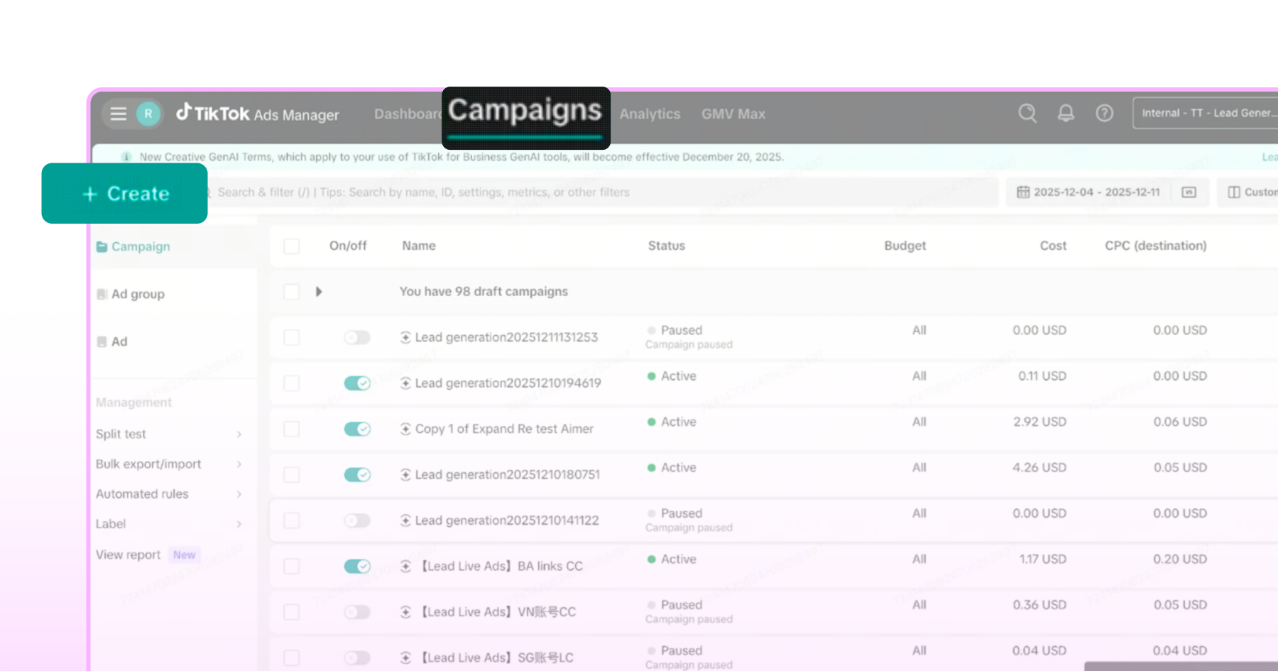 Creating campaign in TikTok ads Manager