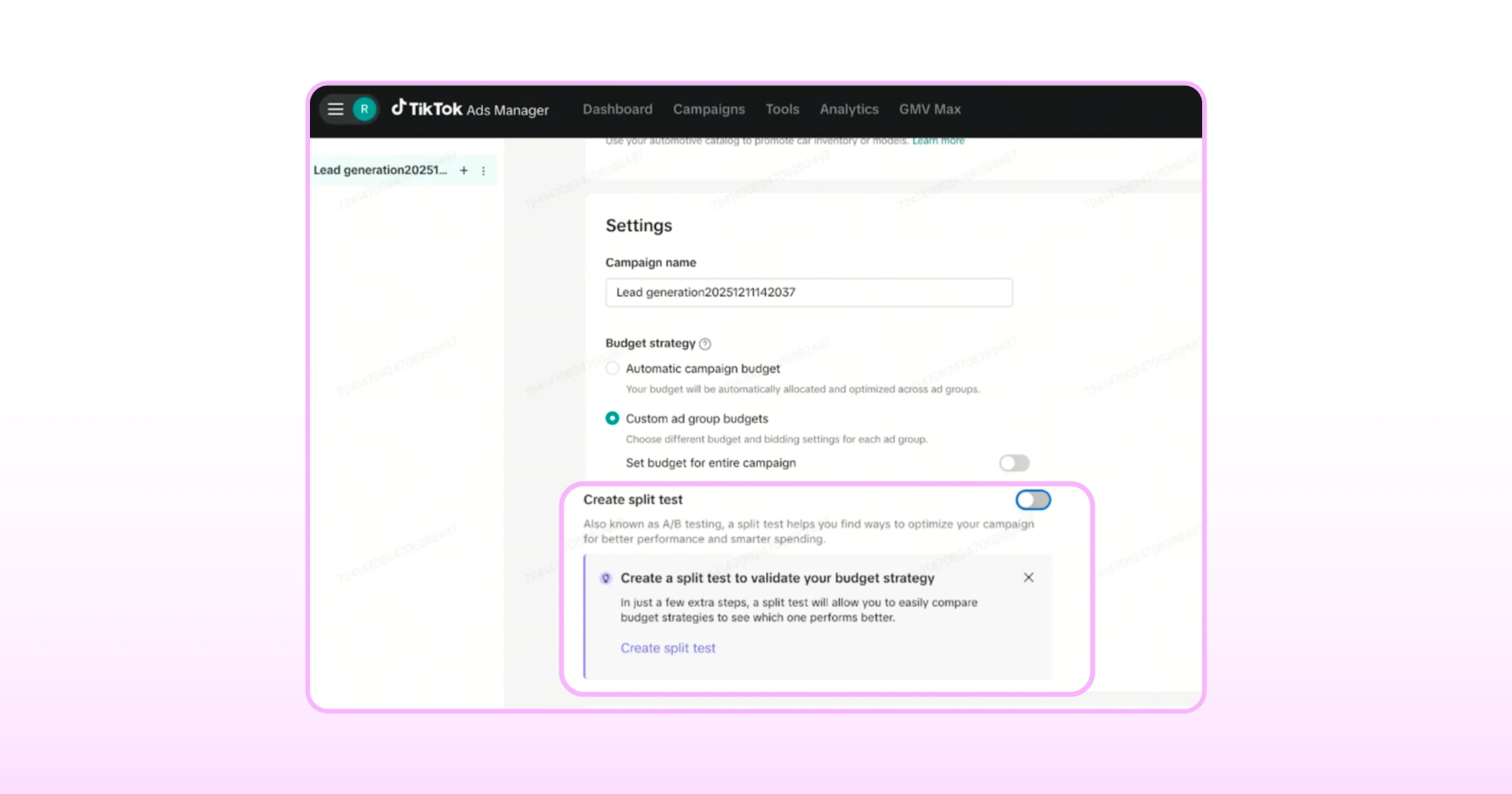Enabling split test option to validate budget strategy