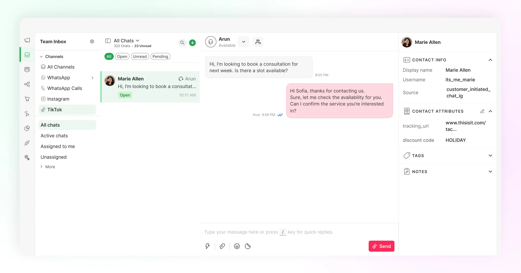 Wati's dashboard with the shared team inbox containing customer chats from TikTok