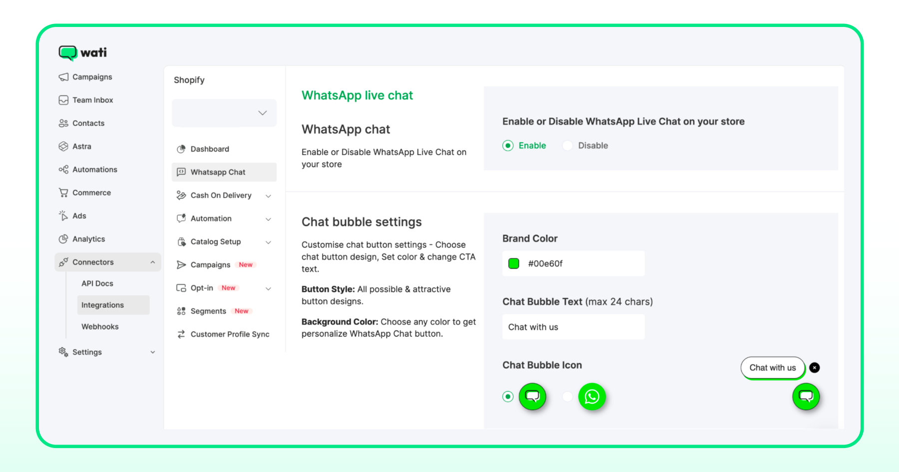 Live chat and button pop-up options