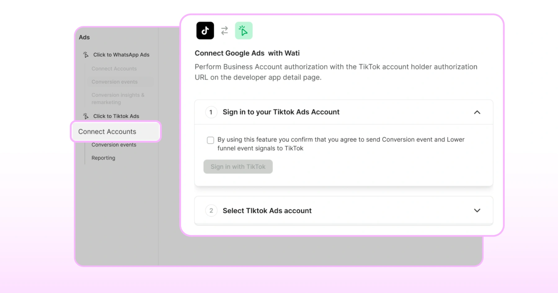 Connect TikToks Account to Wati inside the dashboard