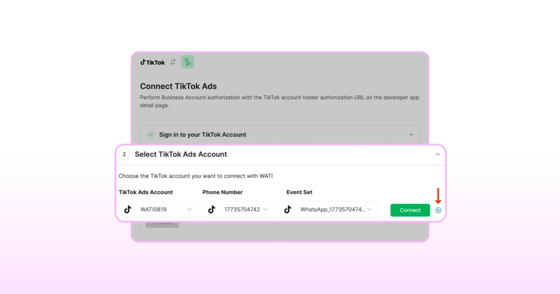Selecting Ads account, phone number, and event set