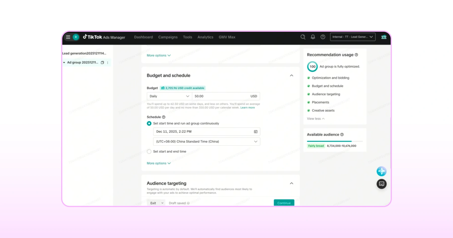 Setting budget and schedule for TikTok ads