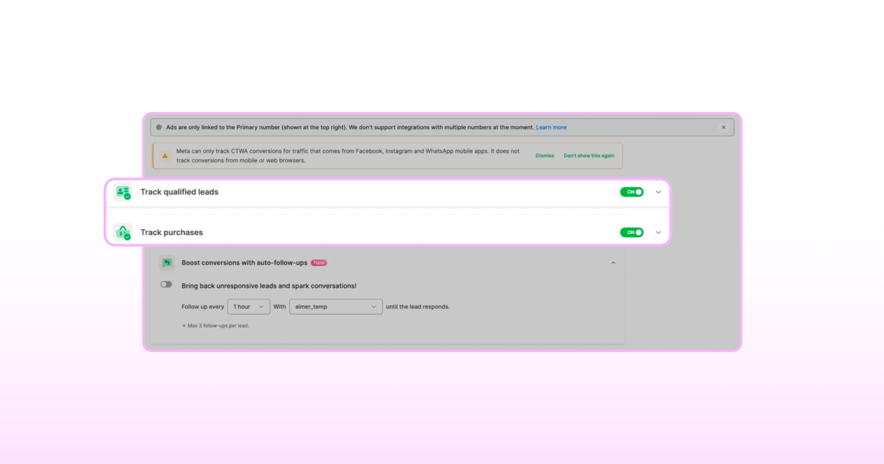 Turning on conversion events including qualified leads and purchases