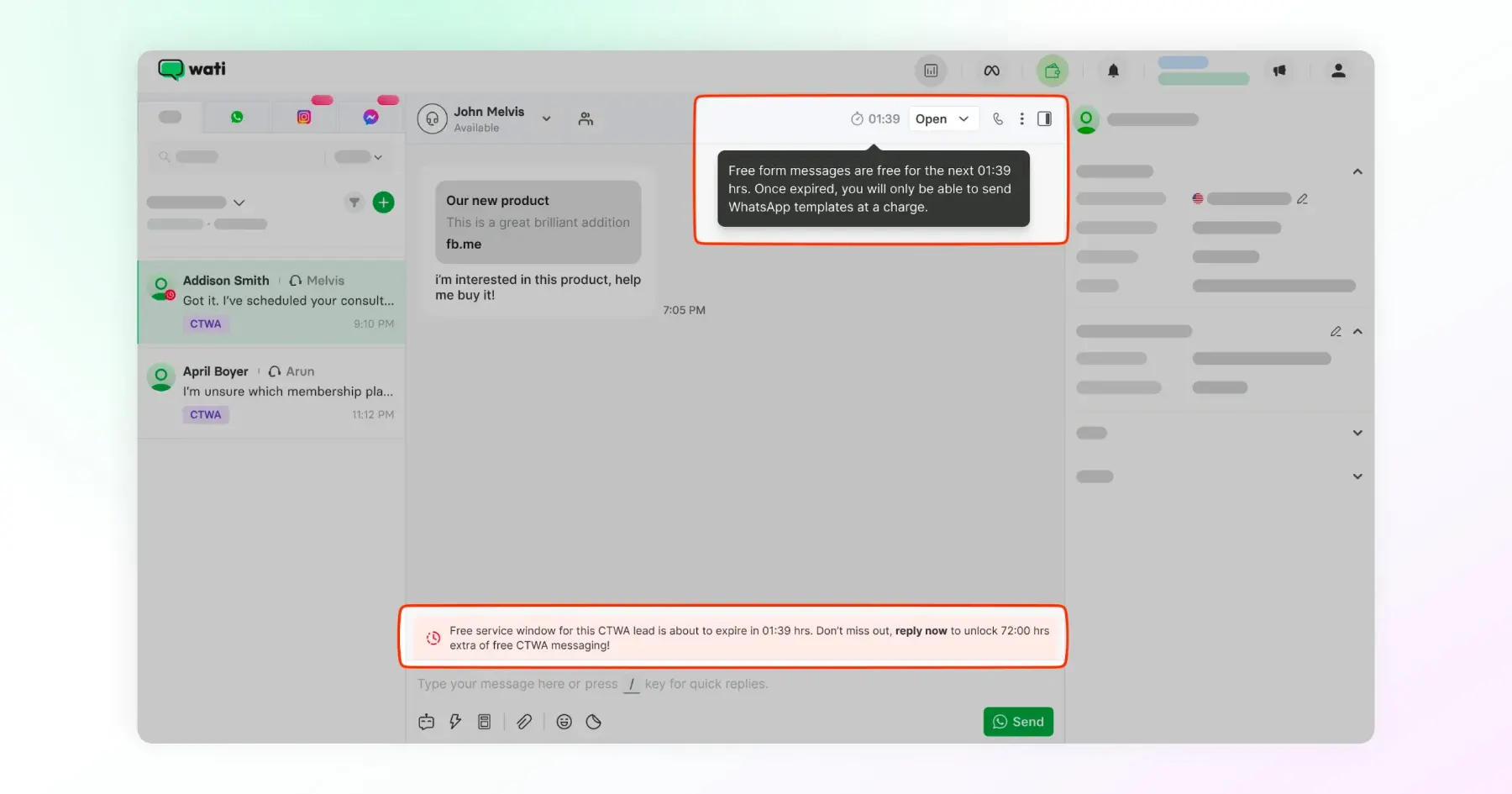 A chat inside the team inbox on Wati
