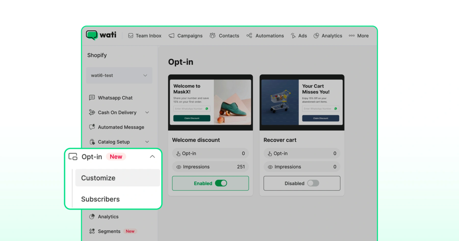 Opt-in option for widget on Shopify in the Wati interface