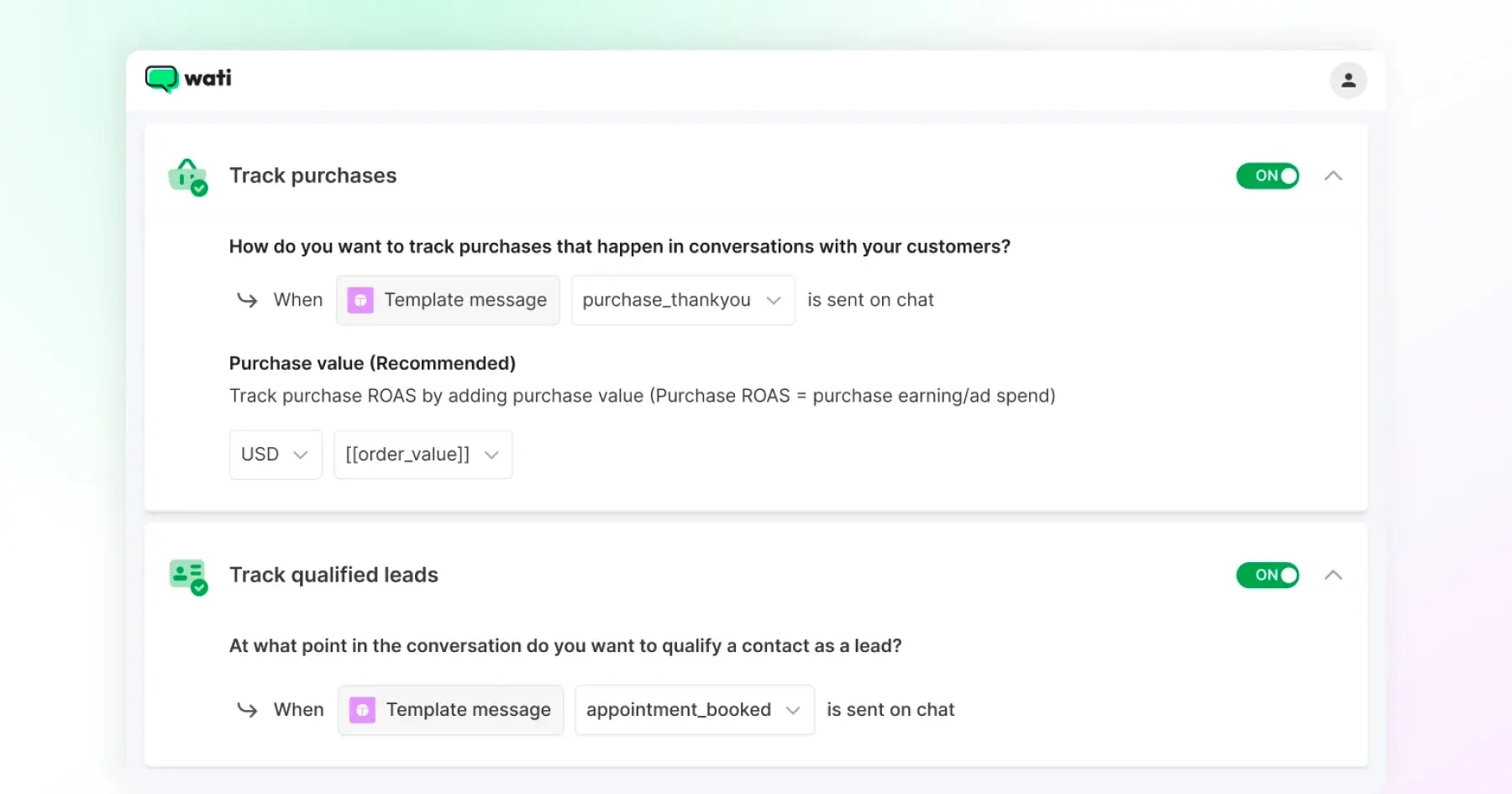 Wati interface with tracking purchases and qualified leads options
