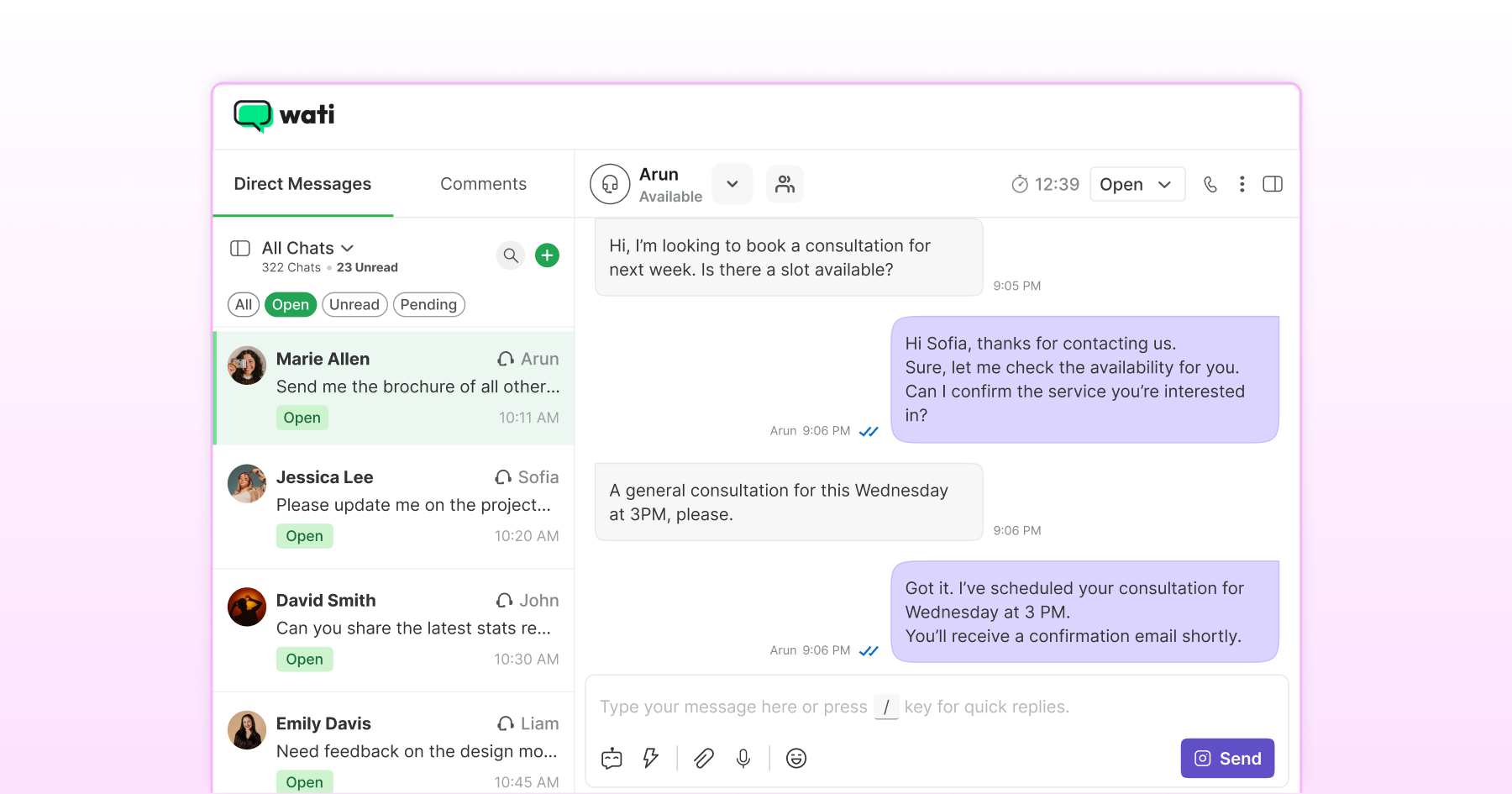Shared team inbox with Instagram conversations on Wati 