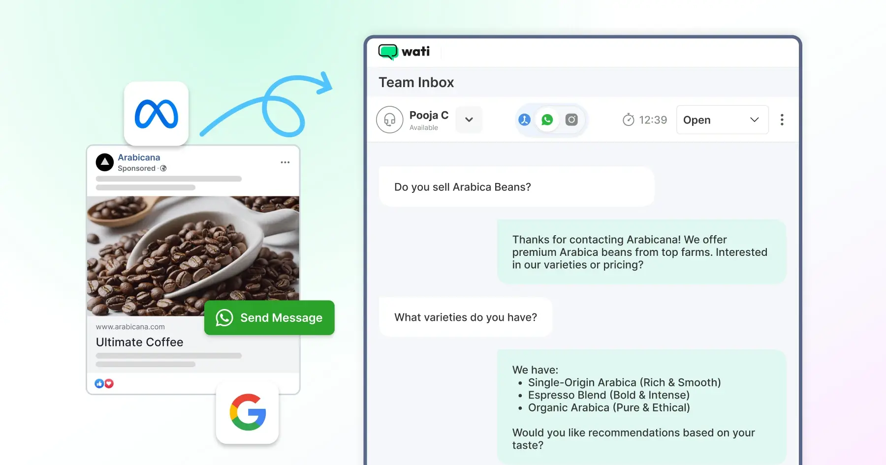 Click-to-WhatsApp-ad example with team inbox interface