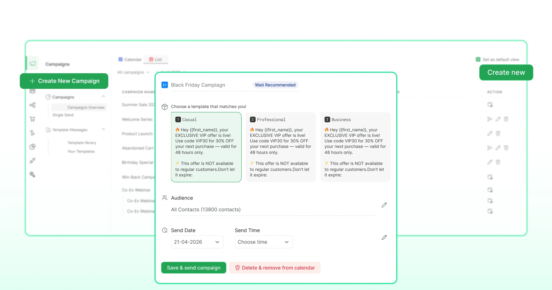 Segment and campaign creation option with template and more options