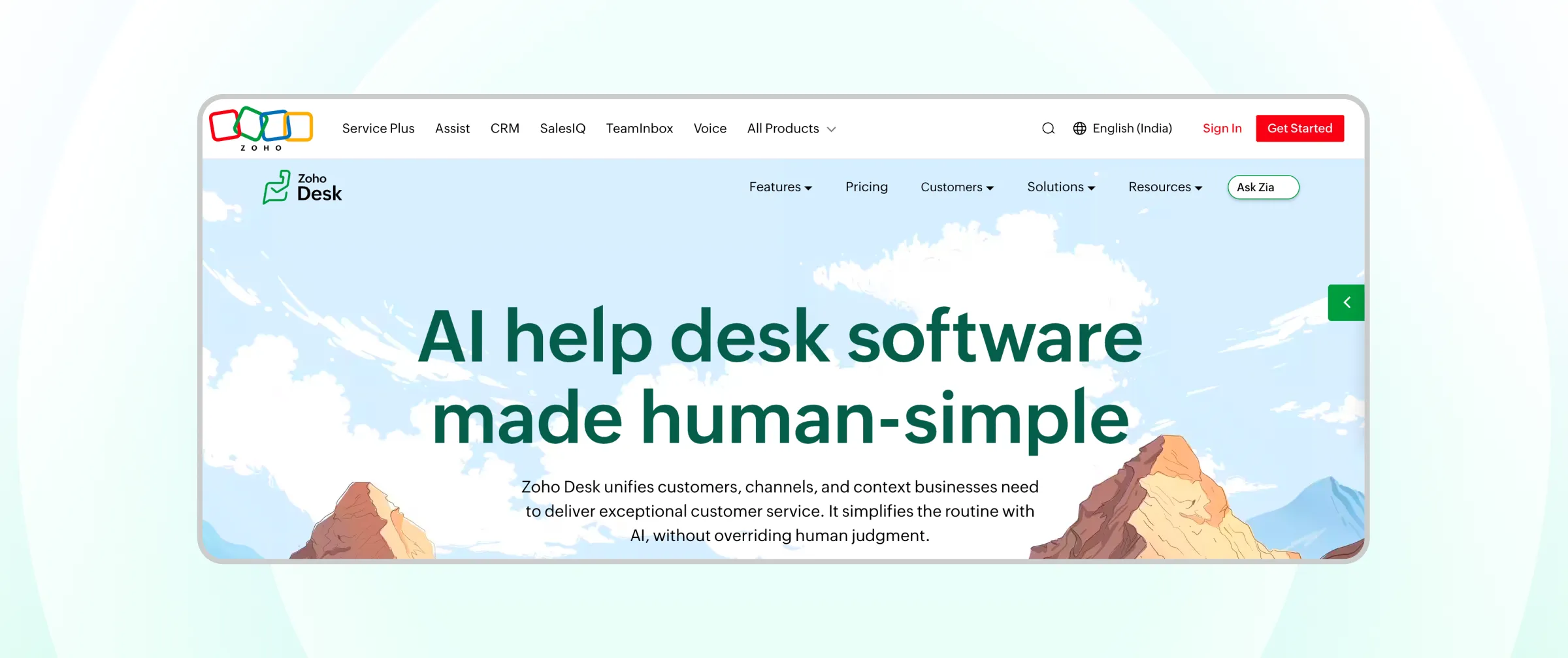 Homepage of Zoho Desk