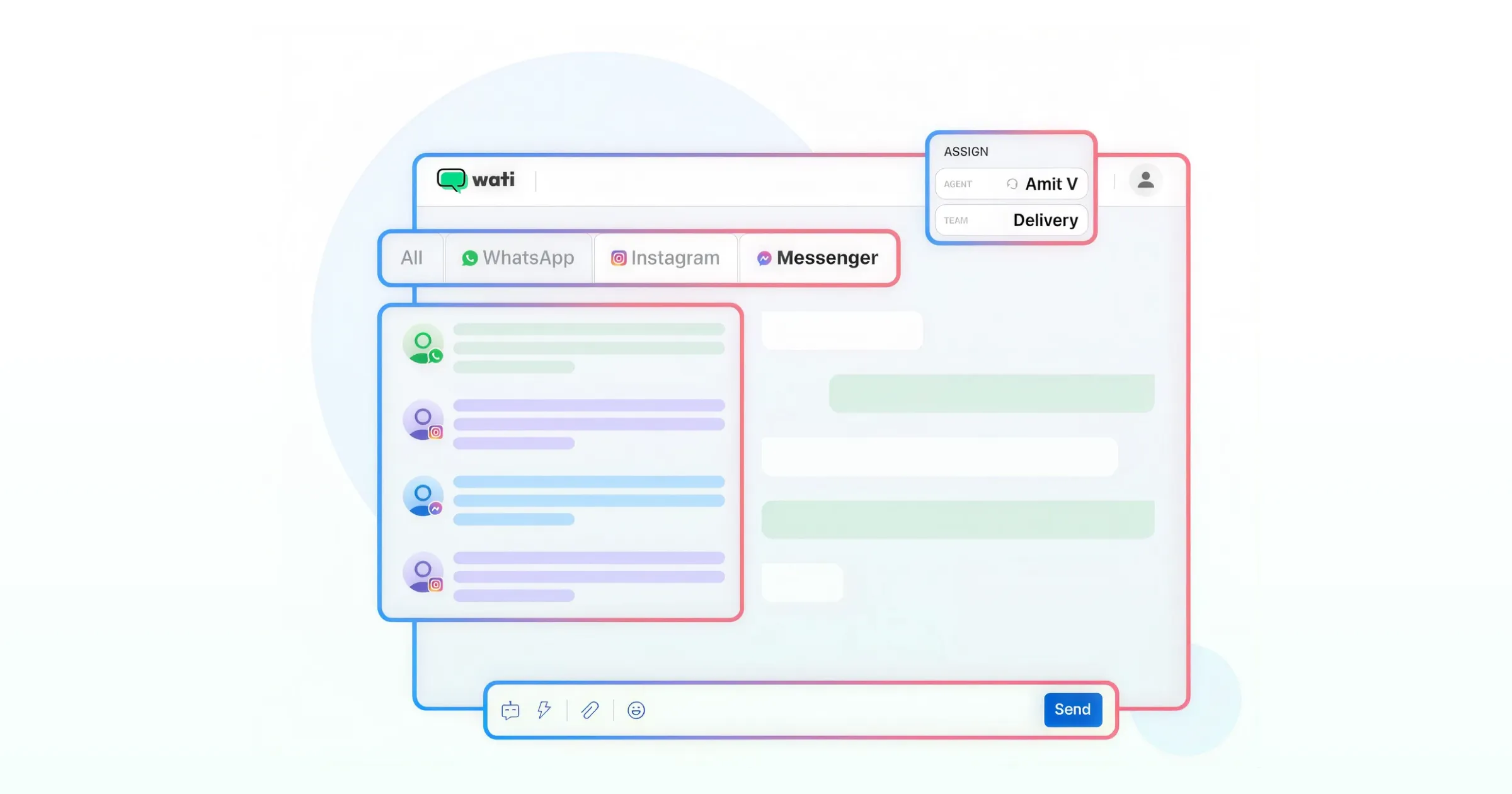 Team inbox of Wati with WhatsApp, Instagram, and Messenger communication together