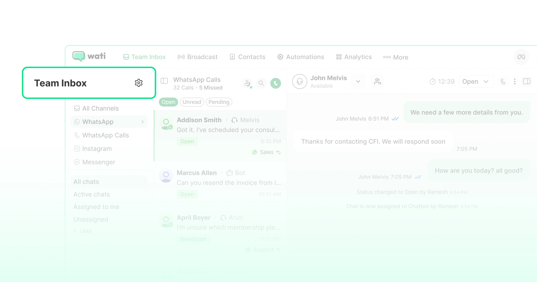 Choosing Setting from the Team Inbox on Wati dashboard
