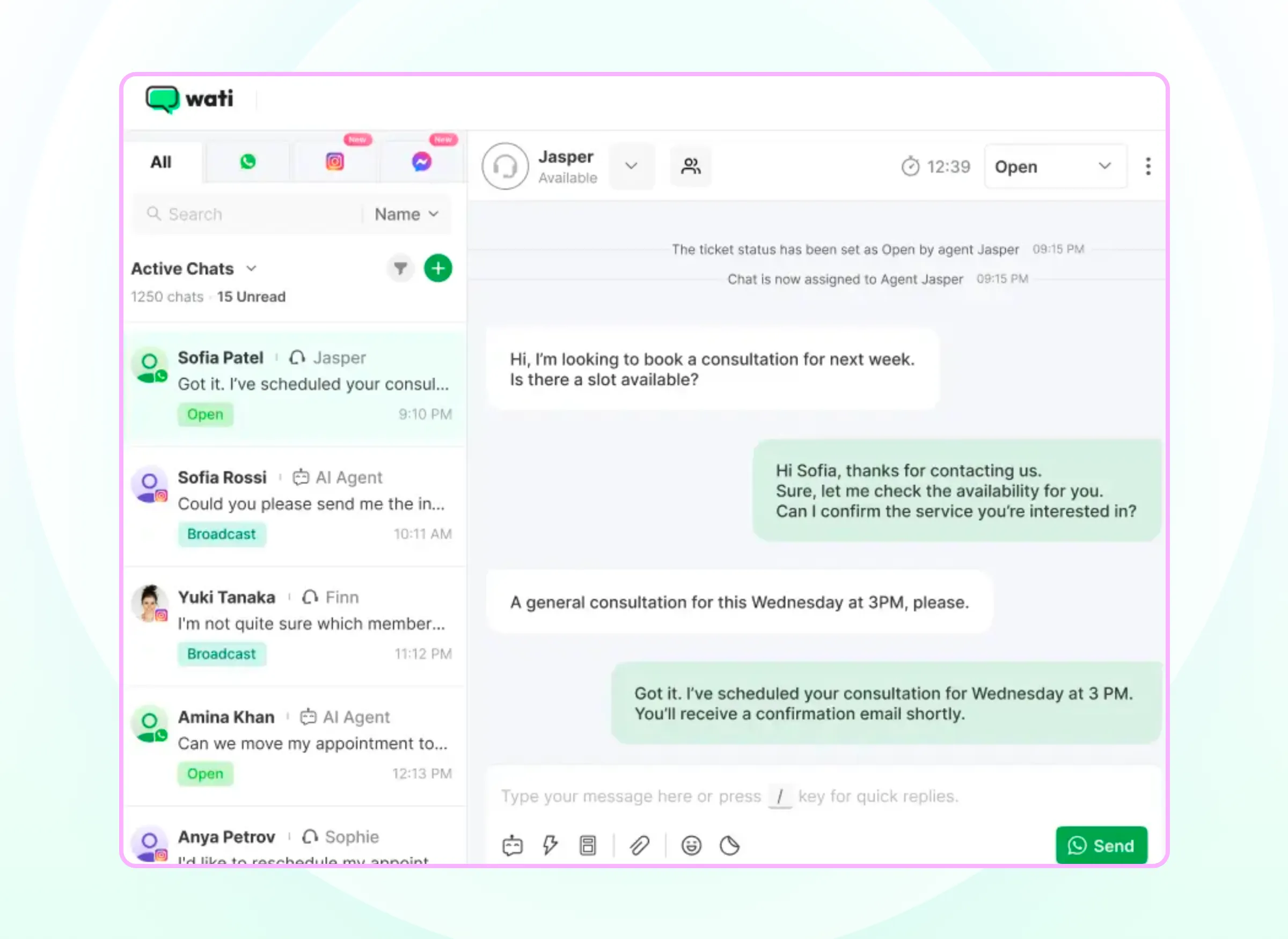 Team inbox with chat and profile history on Wati
