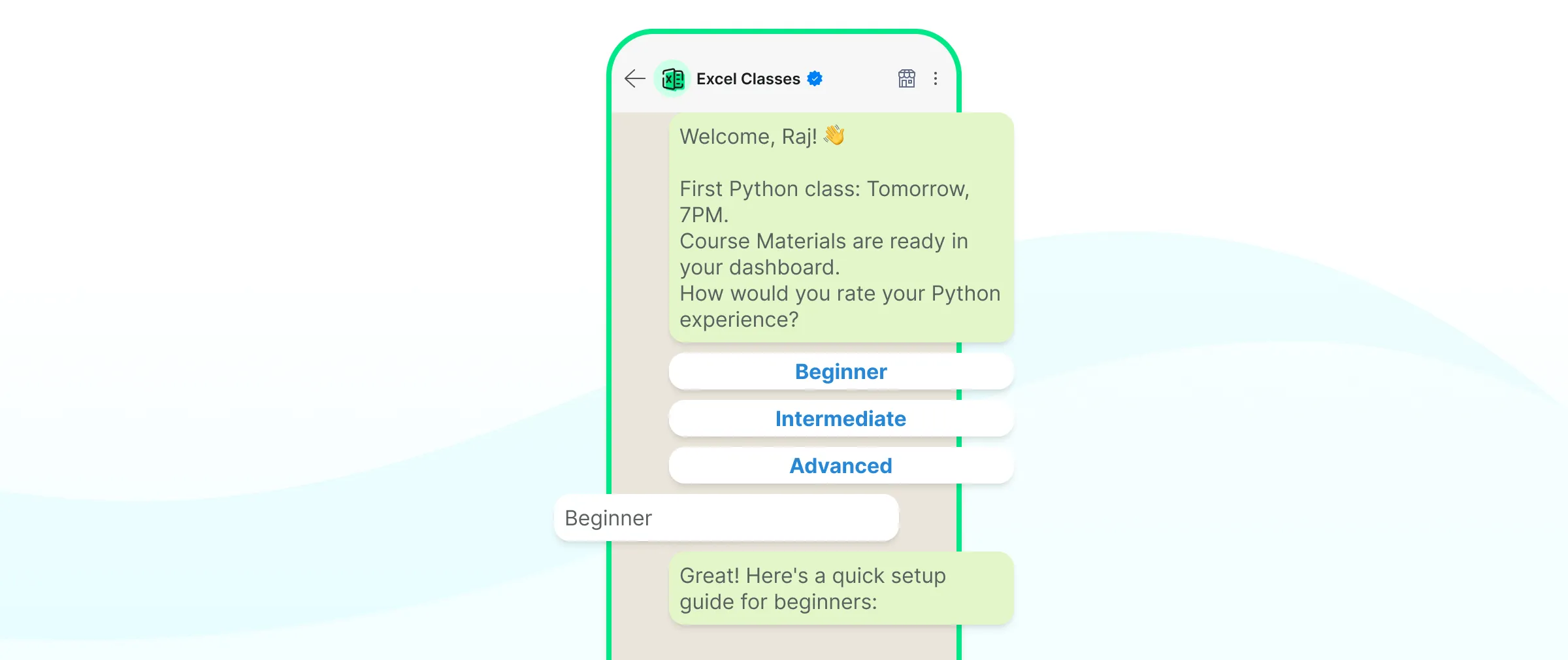 Welcome message for a student on WhatsApp 
