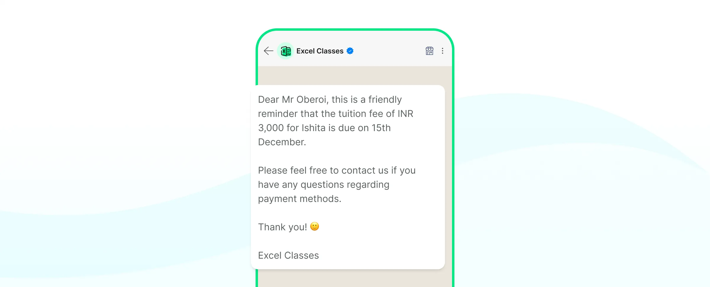 Fee reminder for a parent on WhatsApp 
