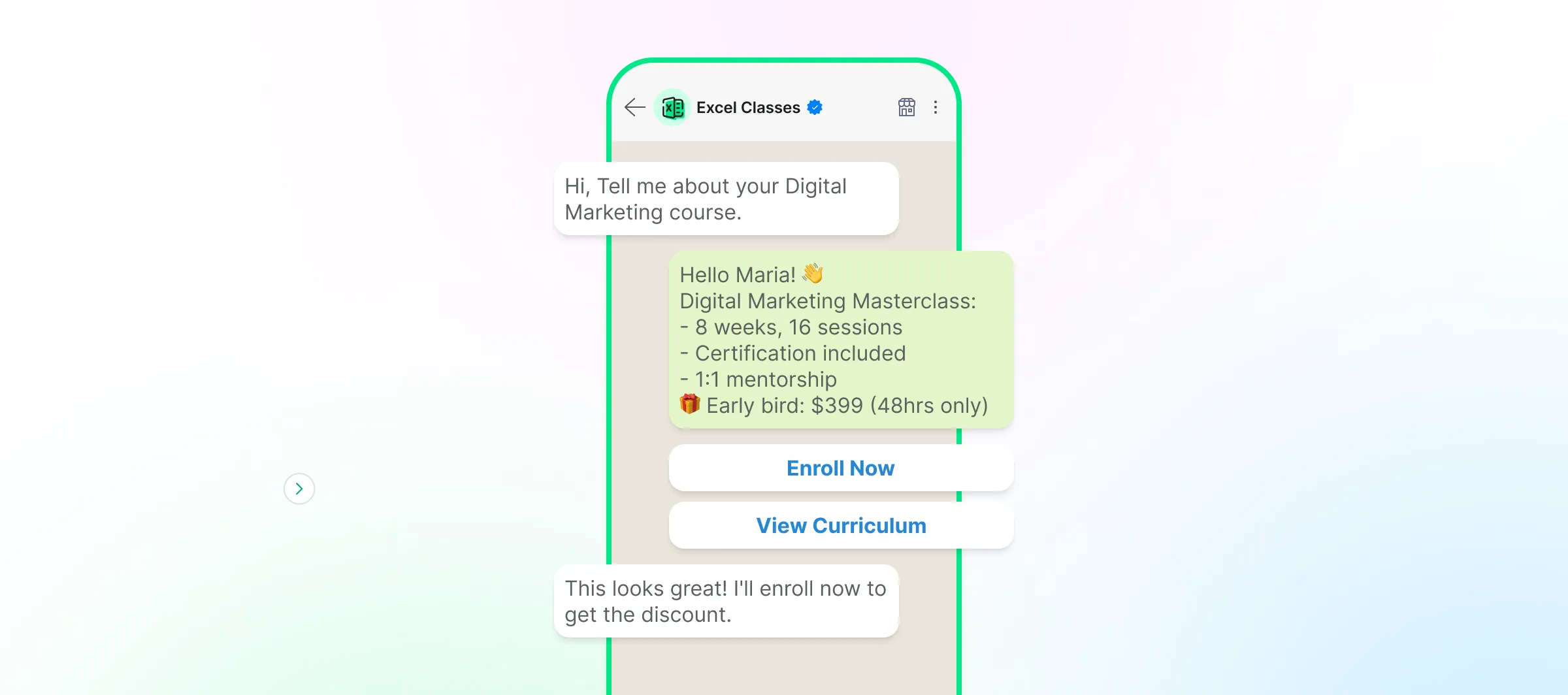 A person inquiring about the digital marketing course on WhatsApp