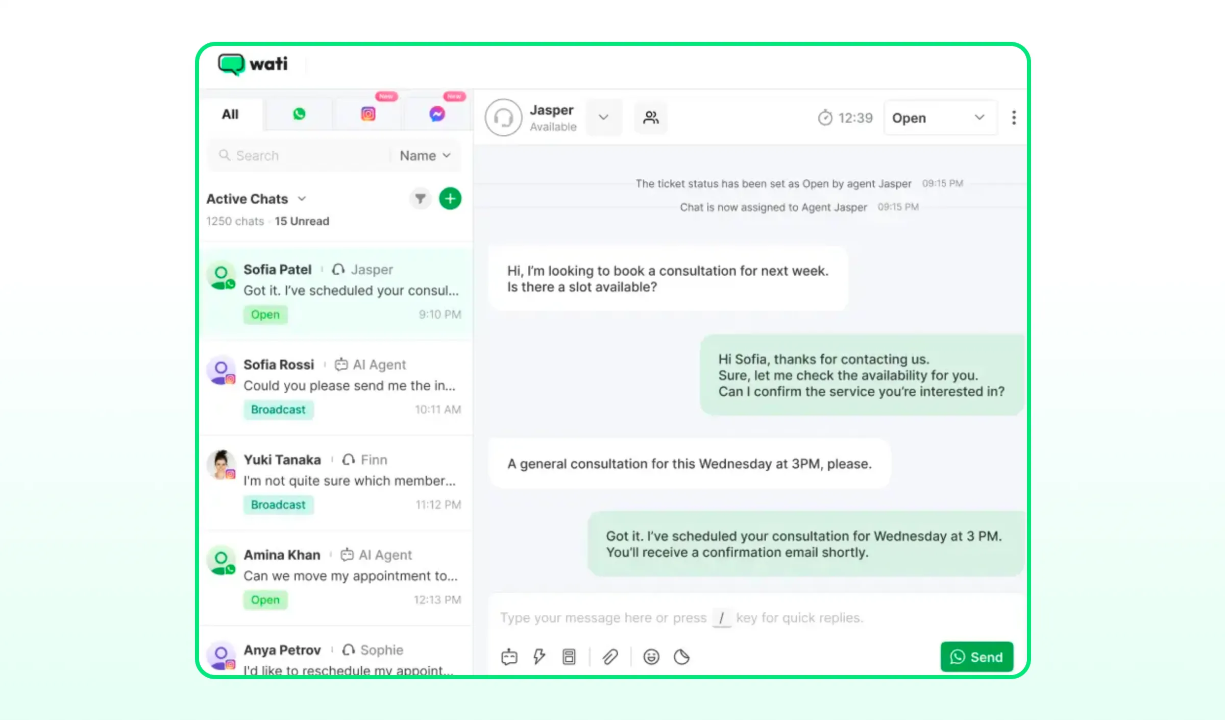 Wati shared inbox with various channels included