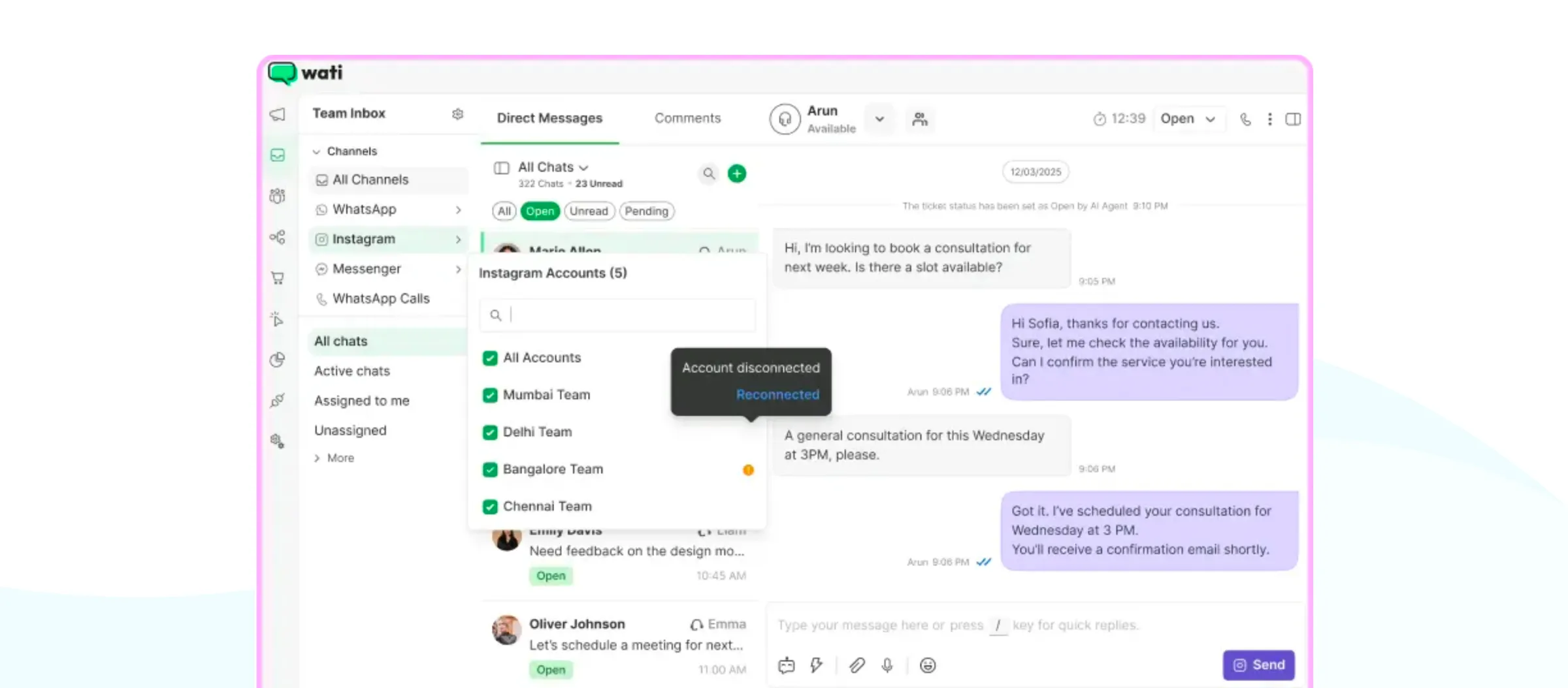 Shared team inbox on Wati with chat history