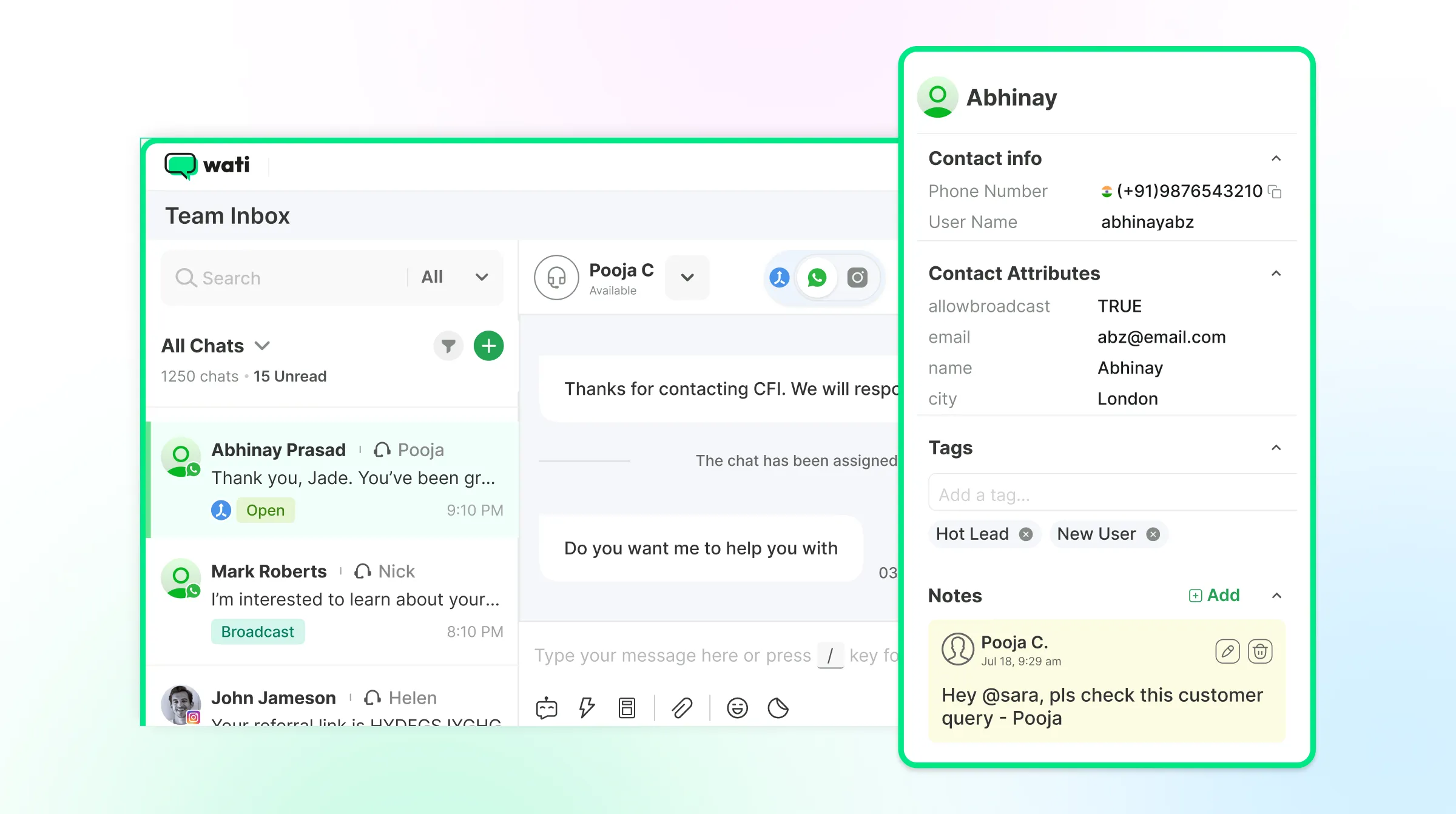 Team inbox with contact info, tags, notes, and history