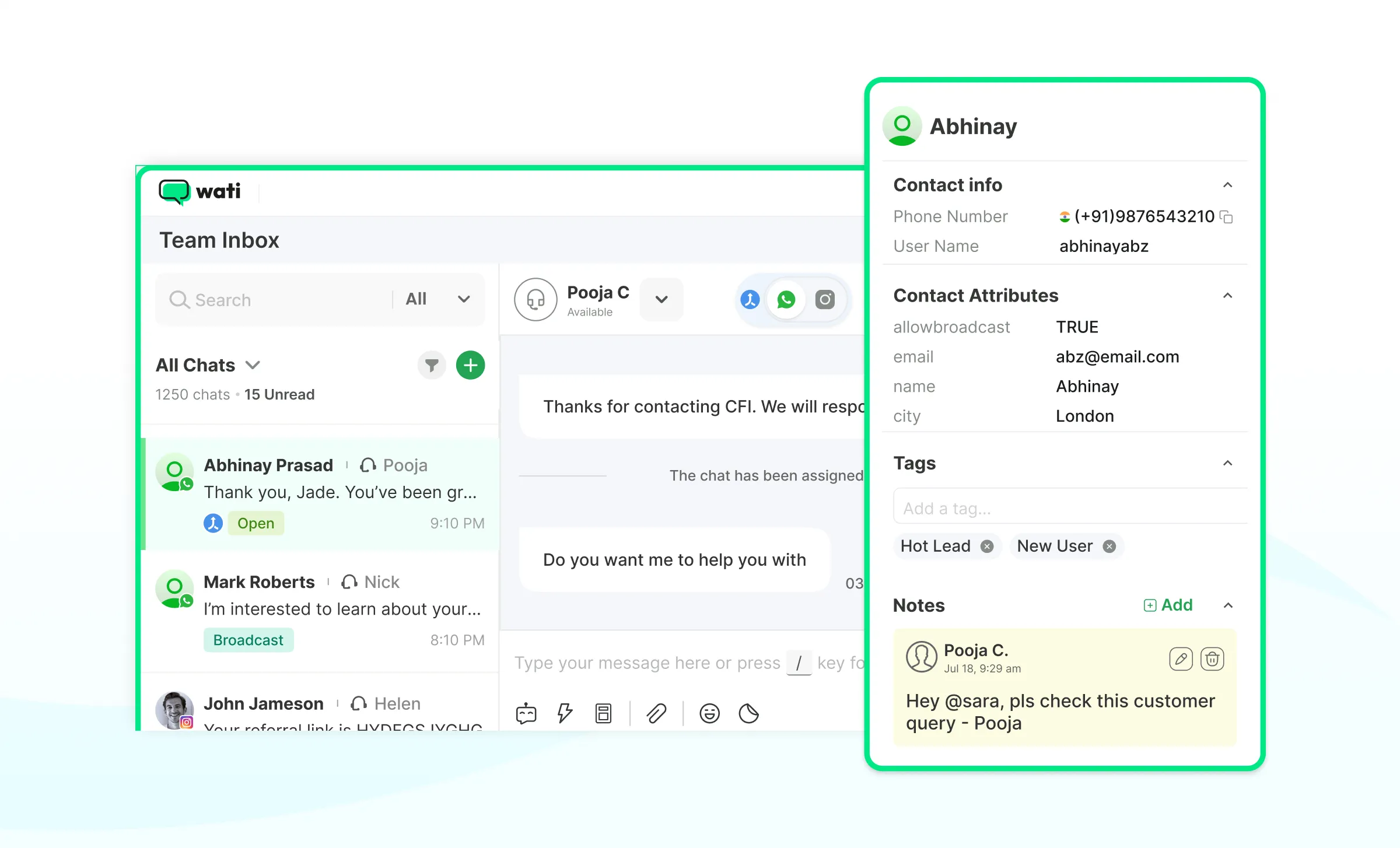 Shared team inbox view on Wati 