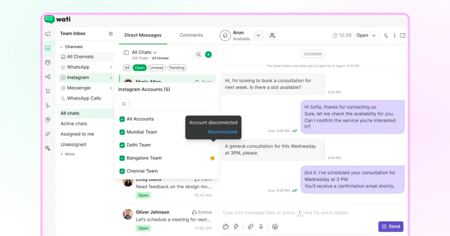 Team inbox from Wati with chats and sales rep assignment