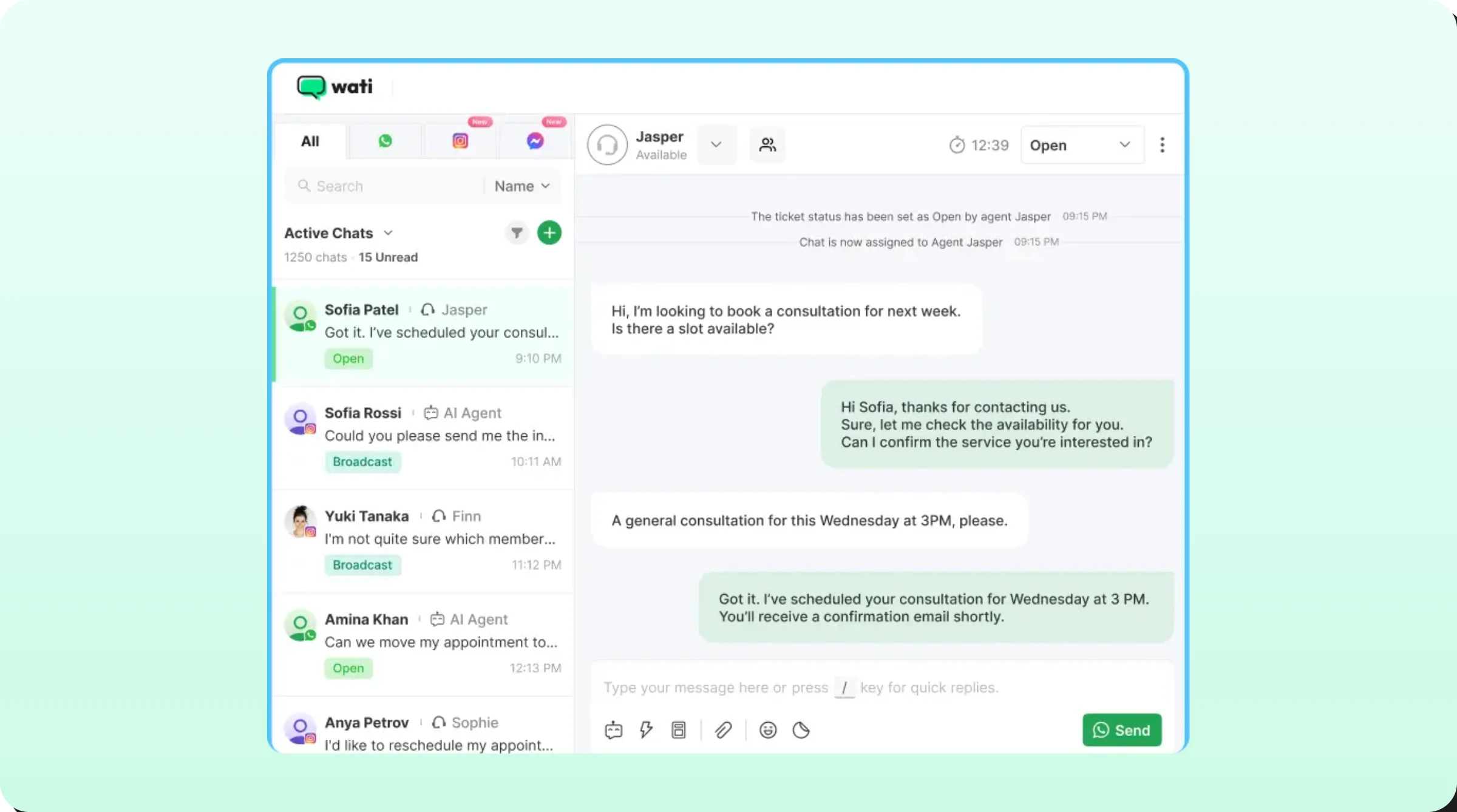 Wati's shared team inbox with chat history 