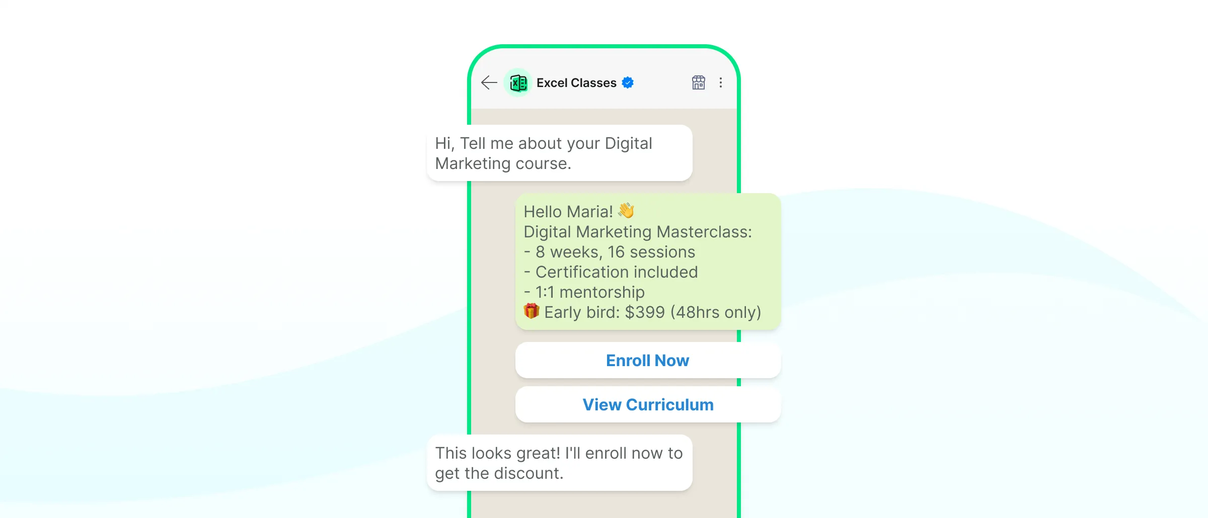 Chat with excel classes on WhatsApp 