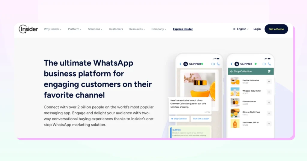Insider homepage highlightin omnichannel campaigns and customer experience tools, including WhatsApp marketing.