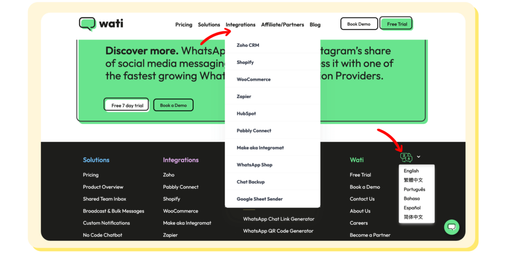 Interactive categories and language toggle