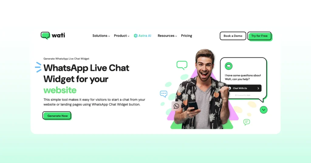 WhatsApp chat button generator by Wati that helps businesses easily add a WhatsApp widget to their website.