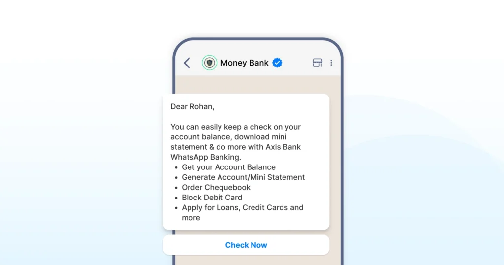 A bank’s WhatsApp message offering quick self-service options such as checking account balance, blocking a debit card, ordering a cheque book, and more.