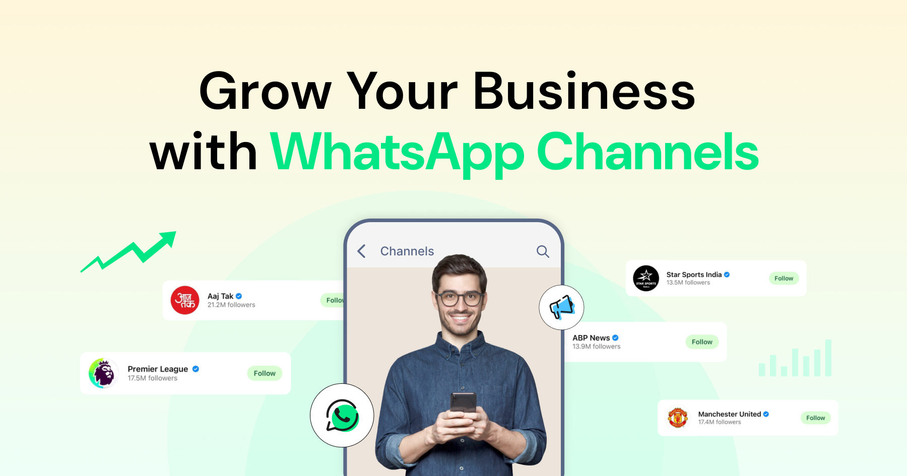 WhatsApp with examples of popular verified channels and follower counts.
