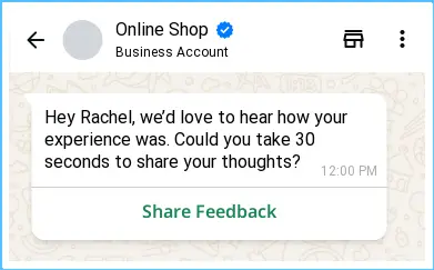WhatsApp Business chat asking a customer named Rachel to share feedback about her shopping experience.