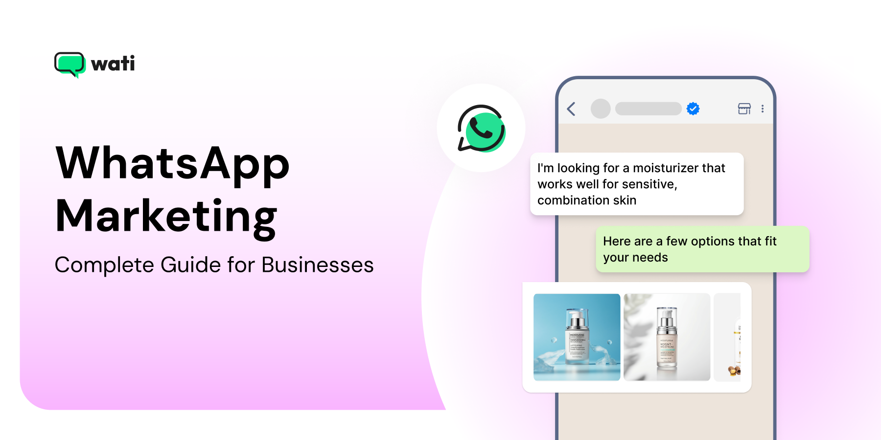 A hero banner illustrating structured WhatsApp marketing messages such as welcome chats, feedback requests, and product browsing prompts.