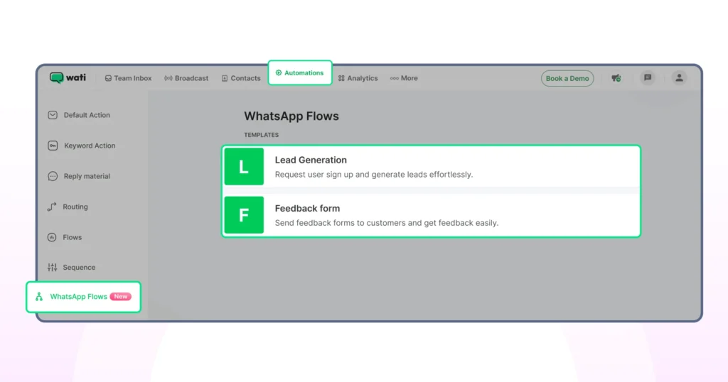 Wati’s WhatsApp Flows feature in action, showing how real estate businesses automate lead capture and qualification