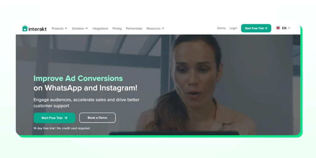 Interakt homepage showcasing its WhatsApp-first capabilities for managing sales, campaigns, and customer conversations.