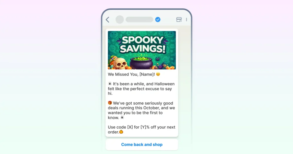A WhatsApp template message to win back lapsed customers during the Halloween season