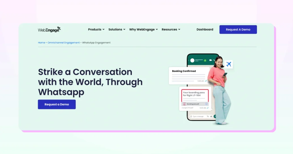 WebEngage homepage showing marketing automation workflows and message personalization across WhatsApp and other channels.