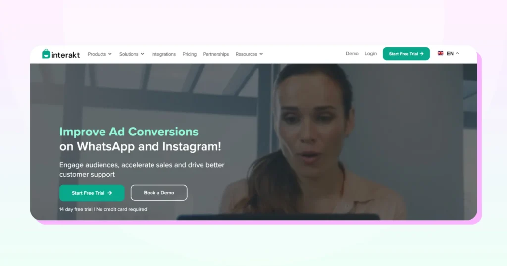 Interakt homepage showcasing its WhatsApp-first capabilities for managing sales, campaigns, and customer conversations.