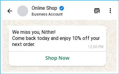 WhatsApp Business chat where an online shop sends a 10% off offer to re-engage a returning customer named Nithin.