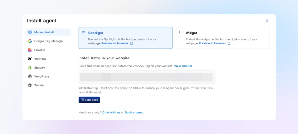 Click copy code in the Manual Install section