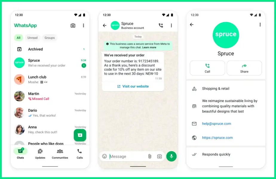 Three WhatsApp interface screens showing a customer receiving an order confirmation message from a business, the business profile details, and the chat list view.