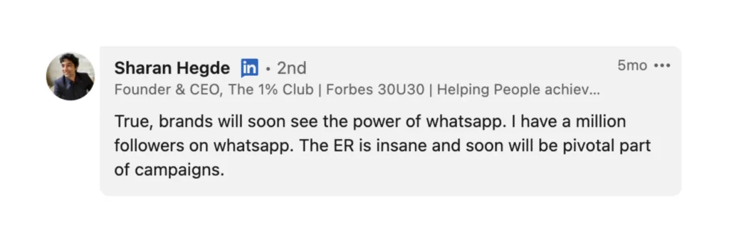Sharan Hedge's comment on LinkedIn mentioning power of WhatsApp newsletter.