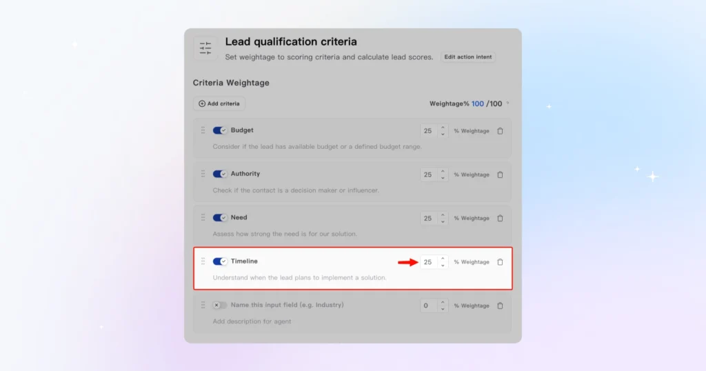 Adjusting the weightage of timeline criteria among others
