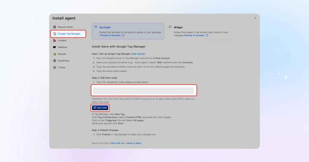 Paste Astra code in the field and copy the code