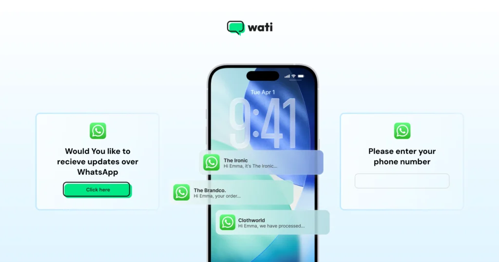 A phone screen showing multiple brand notifications arriving as WhatsApp messages, alongside simple opt-in prompts for updates and phone number entry.
