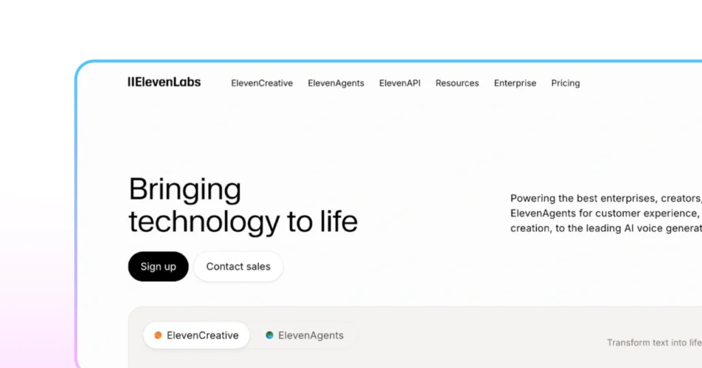 The homepage of ElevanLabs inviting enterprises, creators, etc to use its voice AI agent